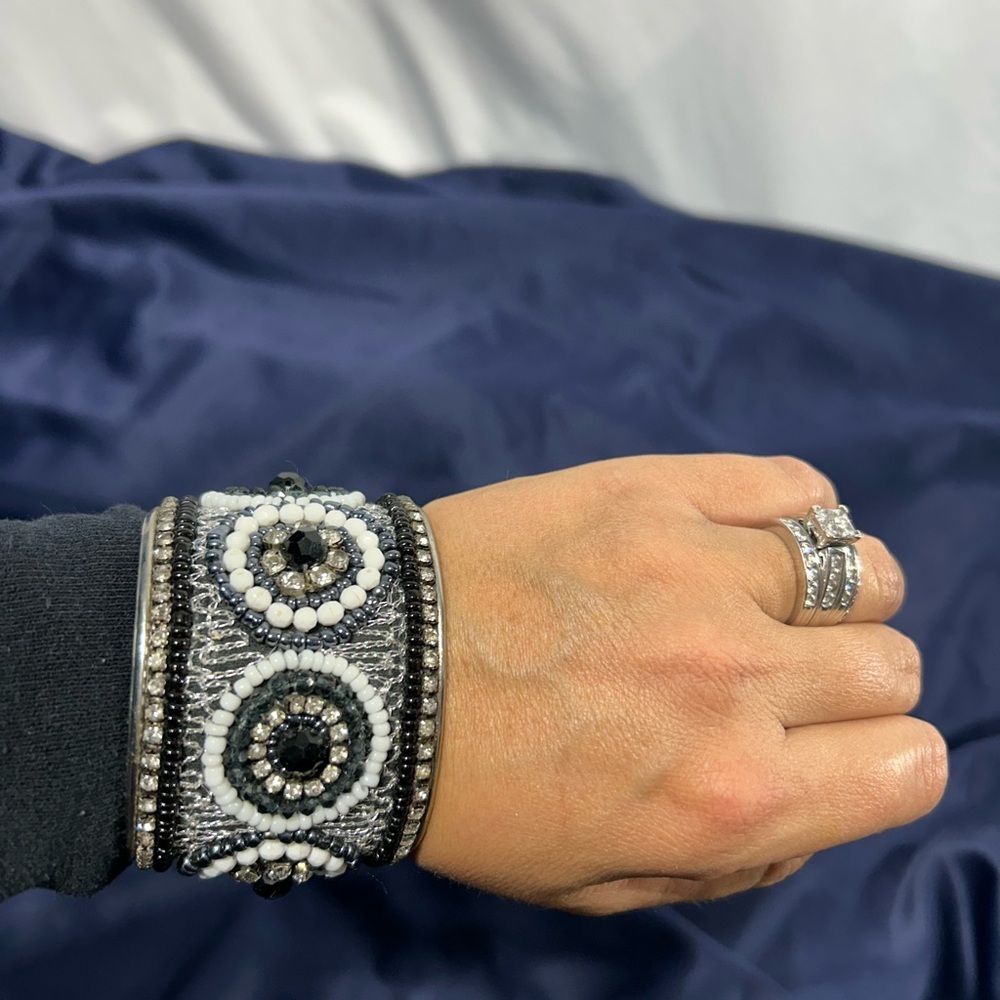 Elegant Black and White Beaded Cuff Bracelet